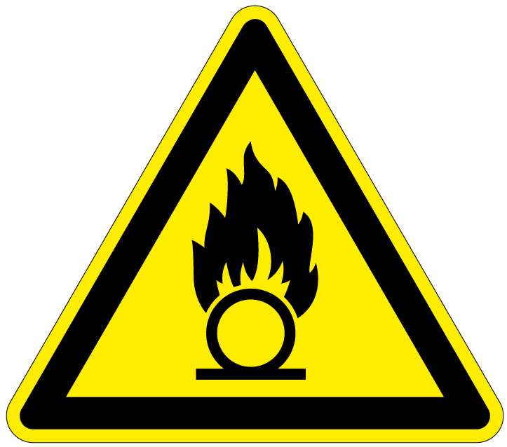 pictogram oxiderend, geel zwart, driehoek, iso 7010, w028, vlam